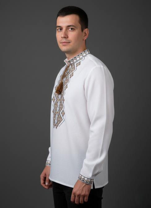 Чоловіча сорочка-вишиванка коричнево-гірчичний орнамент на довгий рукав Київ - фото 2