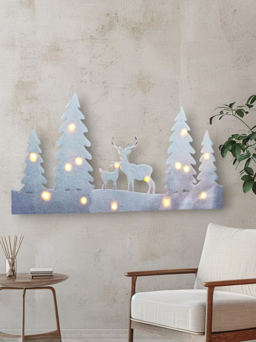Светодиодное новогоднее украшение елочки и олени на окно или стену 60 на 30 см из фетра Германия белый Киев - изображение 4