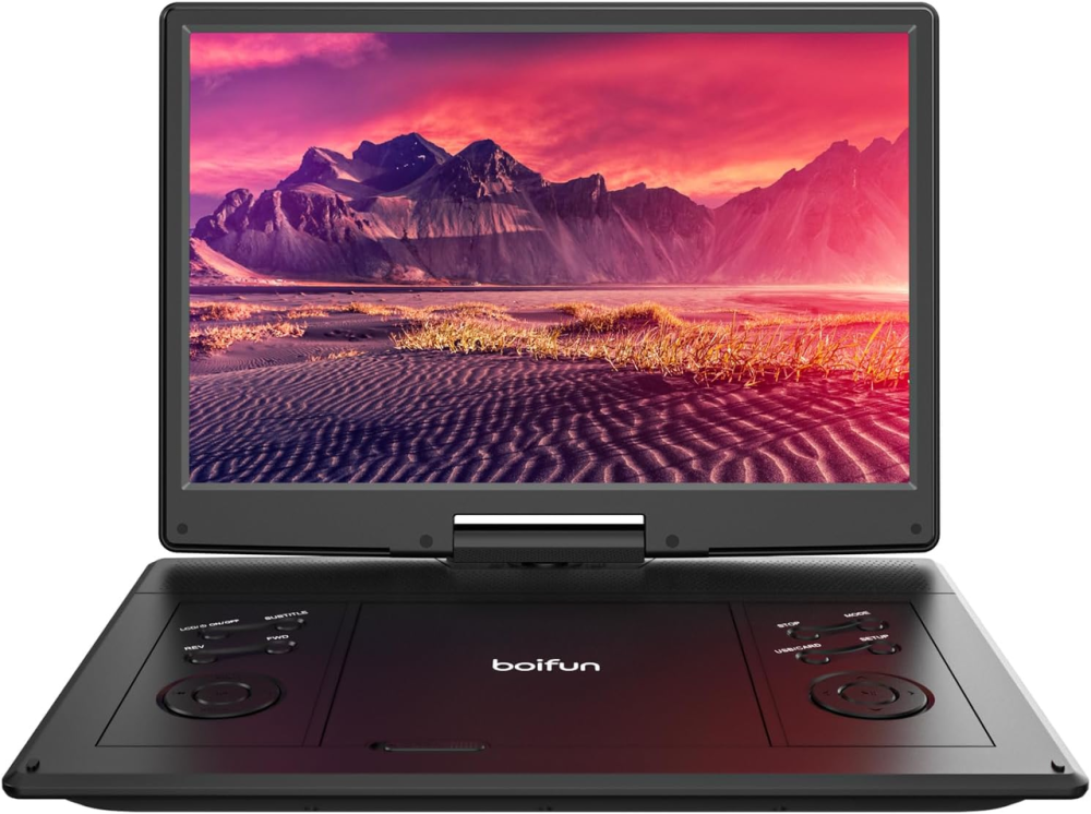 Портативный DVD-проигрыватель BOIFUN 16,9″, экран 14,1″ HD 1366×768, поворотный, аккумулятор 4000 мАч, USB, SD, FM, черный Киев - изображение 10