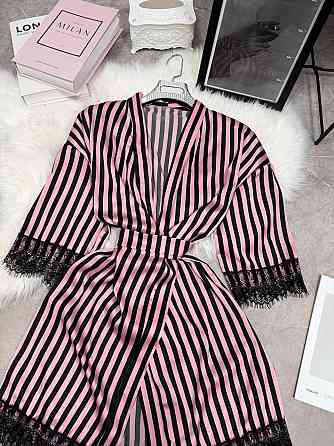 Женский домашний халат в полоску шелк армани с кружевом Розовый, Oversize 42/46 Одесса