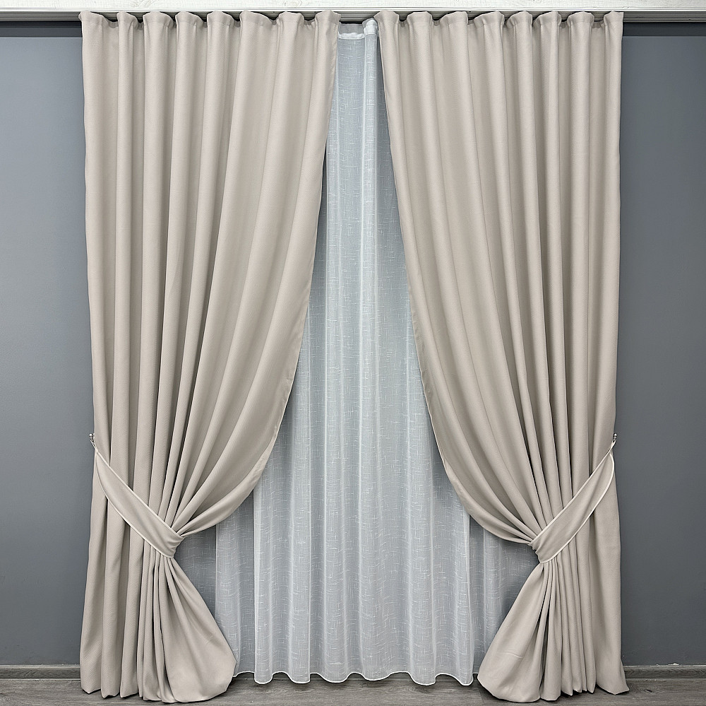 Комплект штор VR-Textil рогожка преміум TERRA LUXE 100х270 2шт і Тюль 400х270 1859ш-115т попелястий з білим 71-077/2 Київ - фото 1