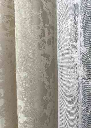 Комплект штор VR-Textil Льон Мармур 200х270 2шт і Тюль 600х270 1272ш-1400т Теплий бежевий з білим 71-135/7 Київ