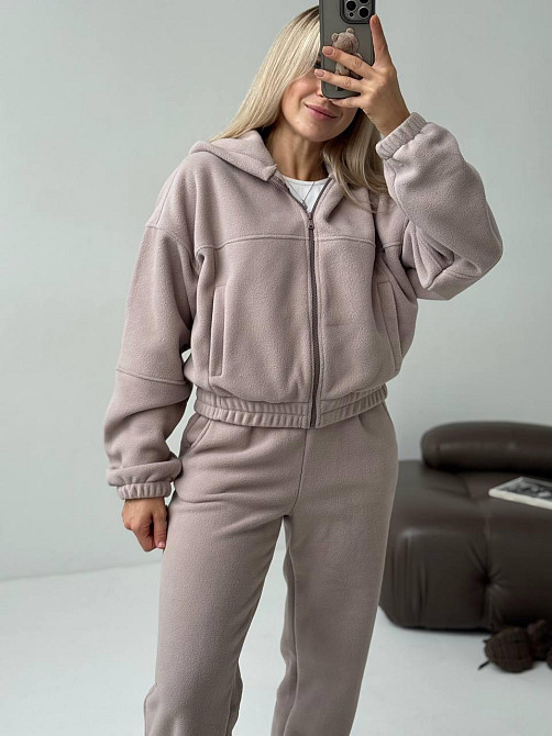 Женский повседневный теплый костюм на молнии с поларом флиса Бежевий, 46/48 Одесса - изображение 6