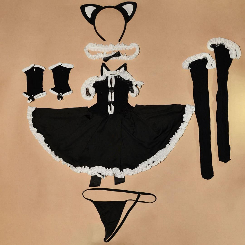 Еротичний рольовий костюм кішки з вухами, панчохами, чокером та рукавичками S/M/L чорний Вінниця - фото 9
