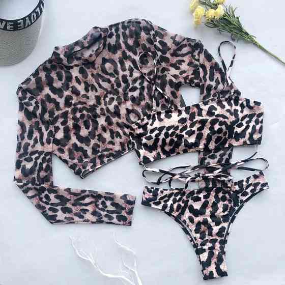 Купальник роздільний жіночий трійка ліф з топом леопардовий Київ