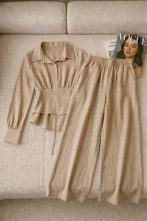 Жіночий стильний трендовий повсякденний костюм льон жатка Бежевий, 48/50 Одеса