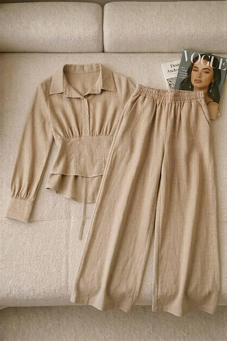 Жіночий стильний трендовий повсякденний костюм льон жатка Бежевий, 48/50 Одеса - фото 2