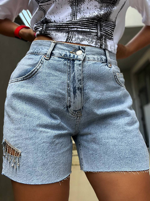 Шорти жіночі джинсові Its Basic 2776 STRAIGHT розріз каміння ланцюжки світло блакитні, світло- блакитний, 36 Київ - фото 9