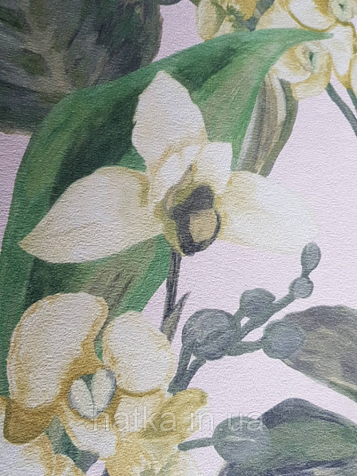 Шпалери вінілові Decoprint Breeze листя метелики квіти орхідеї лілії салатові зелені на пісочному 0.53х10 м Київ - фото 4