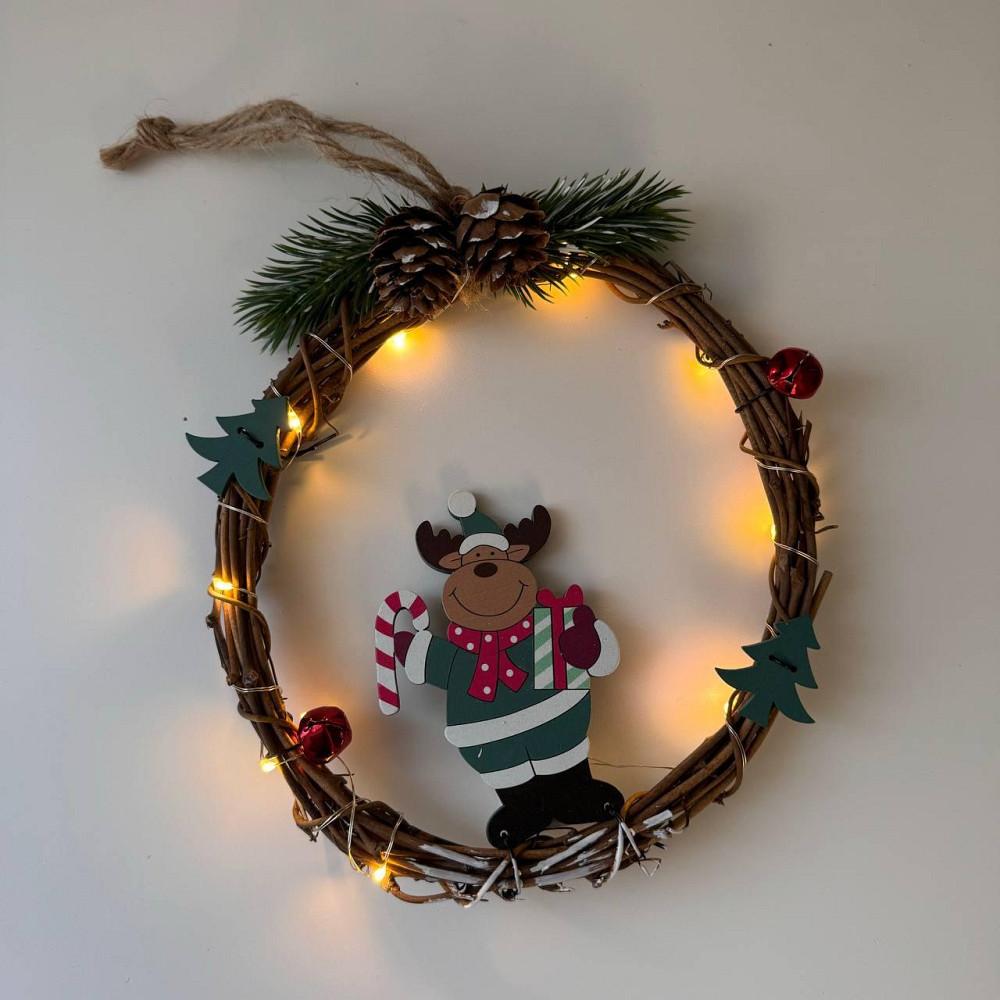 Рождественский венок из ротанги новогодний венок подвесной декор 18 см Niki Light LED от батареек олень Киев - изображение 9