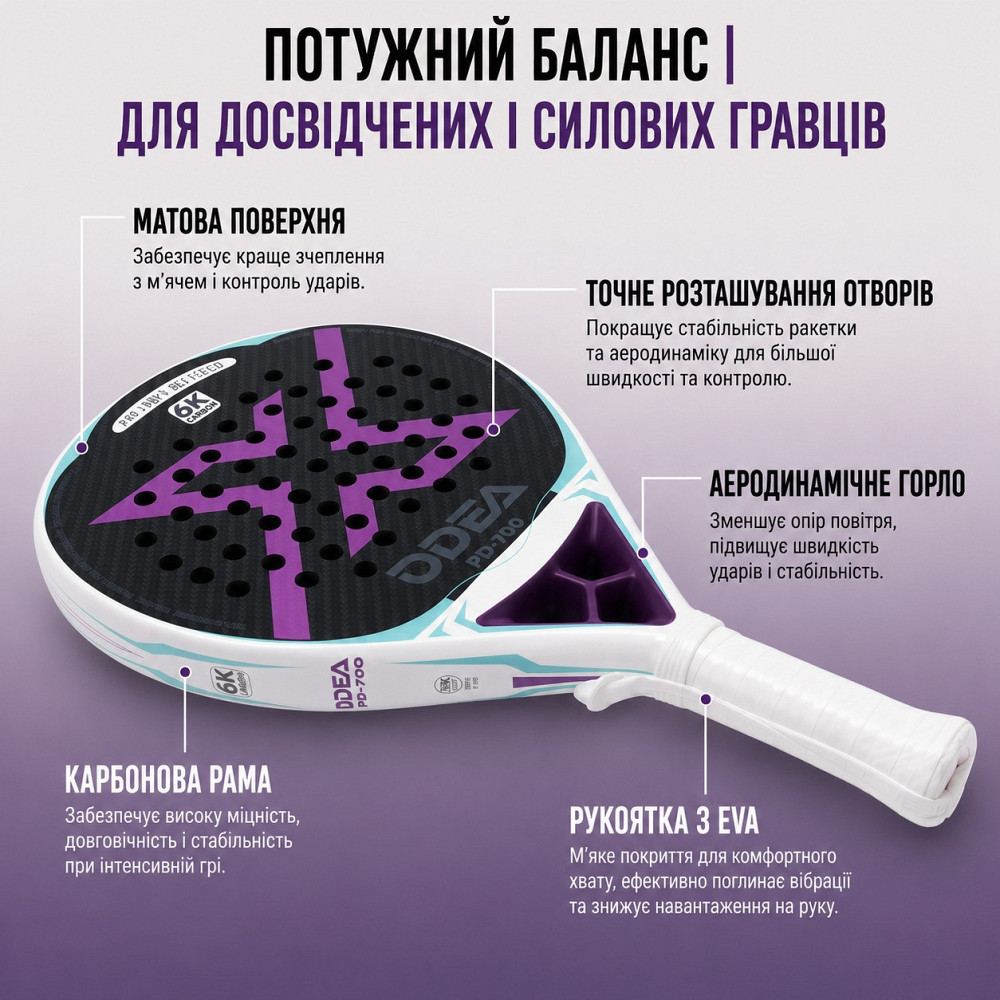 Комплект ракетка для падела с мячами ODEA PD-700+ODEA-Gold 60шт, 6К карбон пенна EVA 17 игровой набор для падел-тенниса Каменец-Подольский - изображение 4