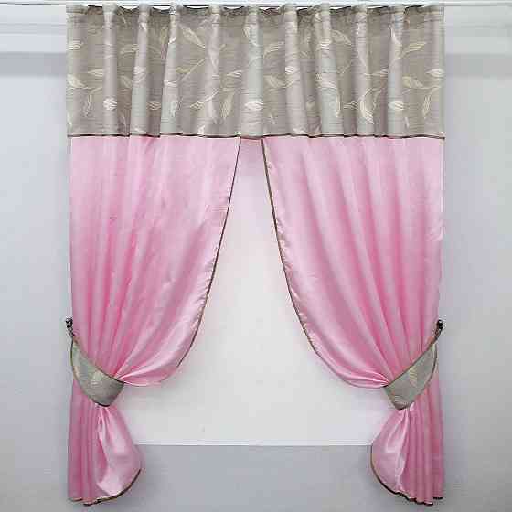 Кухонні штори VR-Textil № 073к з ламбрекеном і підхватами рожевий з світло-сірим 270х170 см (52-0295) Київ