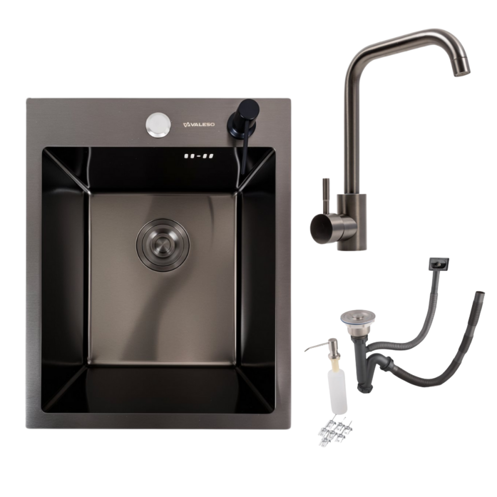 VALESO Кухонний комплект: Мийка Valeso Handmade (40x50 см) PVD чорна + Змішувач FC-5 PVD чорний Коломия - фото 1