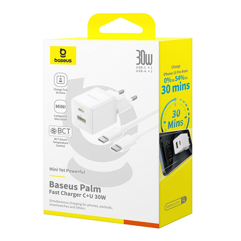 Мережевий зарядний пристрій з кабелем Baseus Palm Fast Charger C+U 30W EU Moon White (with USB-C to USB-C 60W Одеса - фото 2