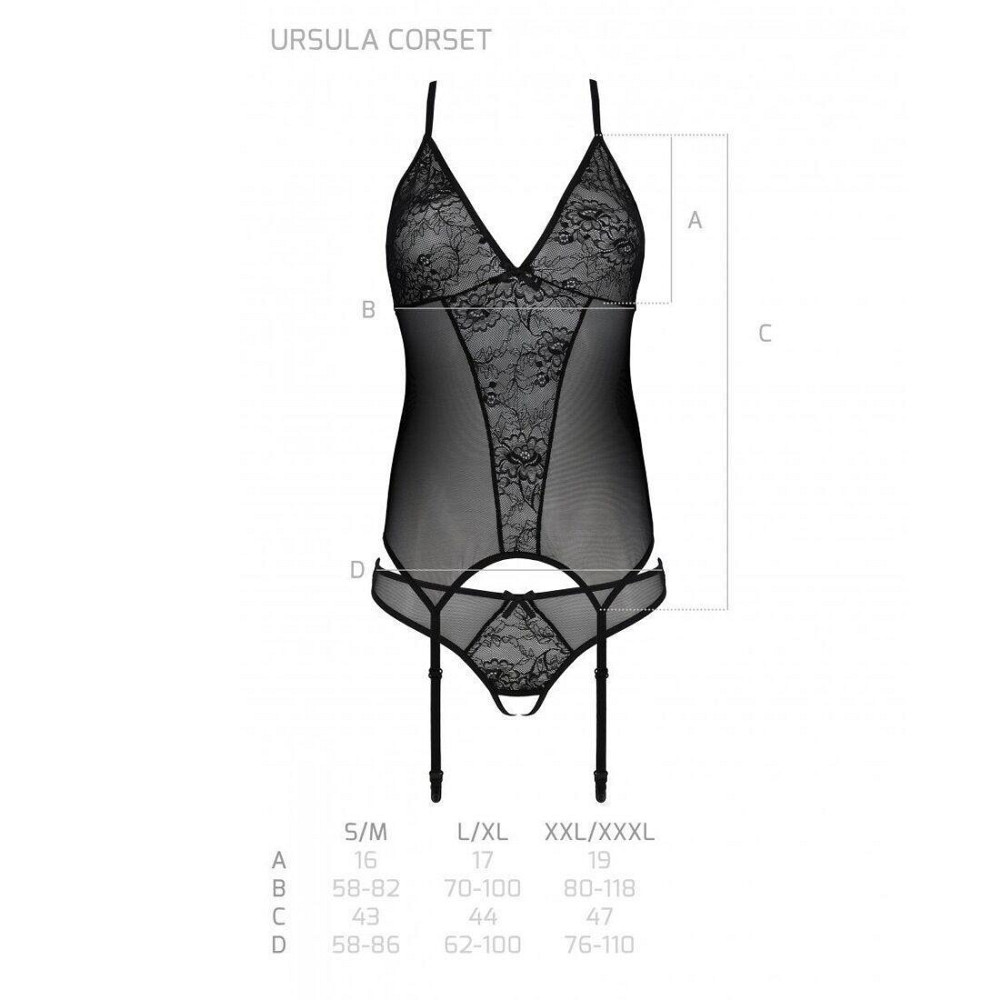 Корсет із пажами, трусики з ажурним декором та відкритим кроком Passion URSULA CORSET S/M, black Sex Aura Київ - фото 6