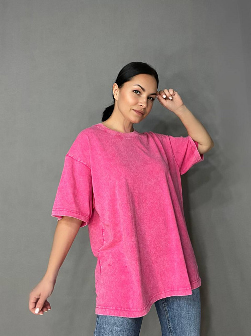 Футболка жіноча A-N 48020 базова оверсайз подовжена вільний крій варена тай дай one size, рожевий, one size Київ - фото 17