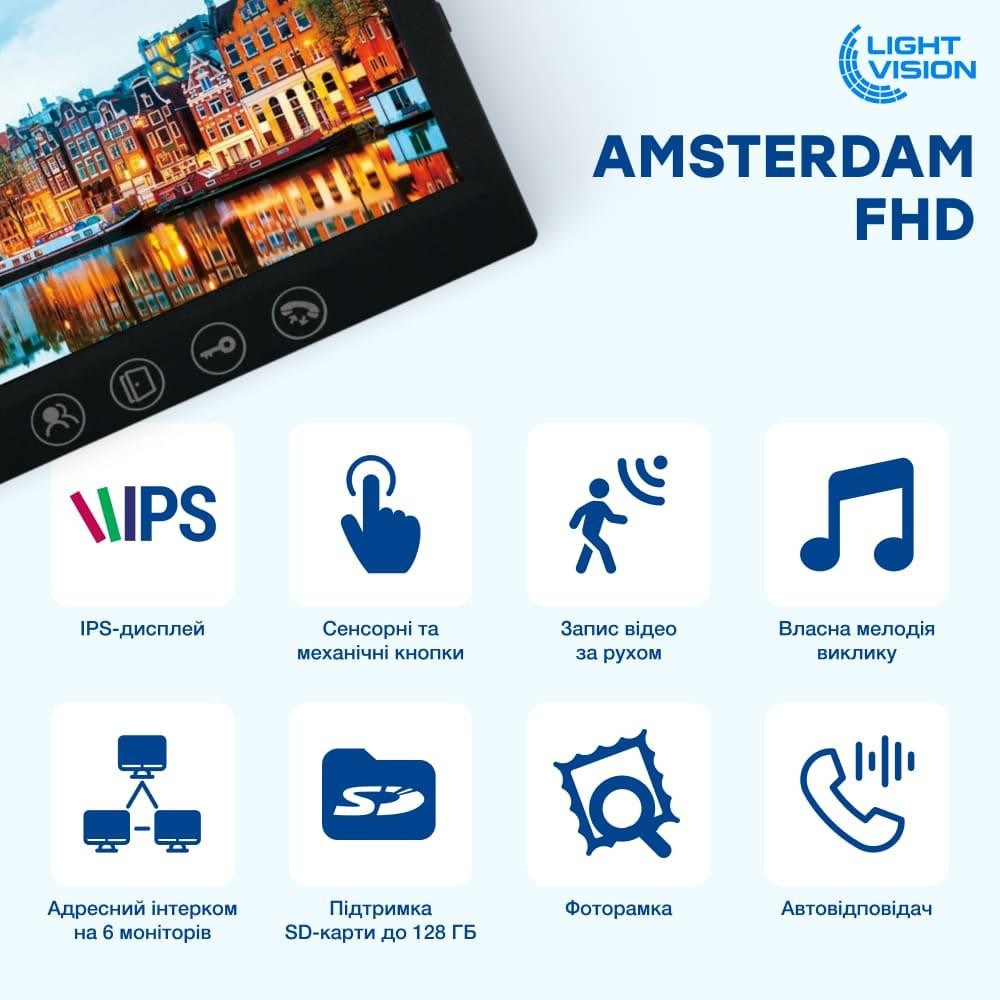 Комплект відеодомофона Light Vision: домофон 7" AMSTERDAM FHD Black та відеопанель 2Mp RIO FHD (RF) White зі зчитувачем Mifare Київ - фото 5