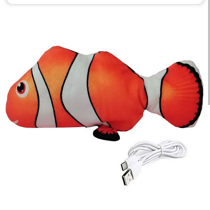 Мягкая игрушка для кошек Рыбка Клоун Красный с виляющим хвостом заряжается через USB длинна рыбки 25 см Киев - изображение 3