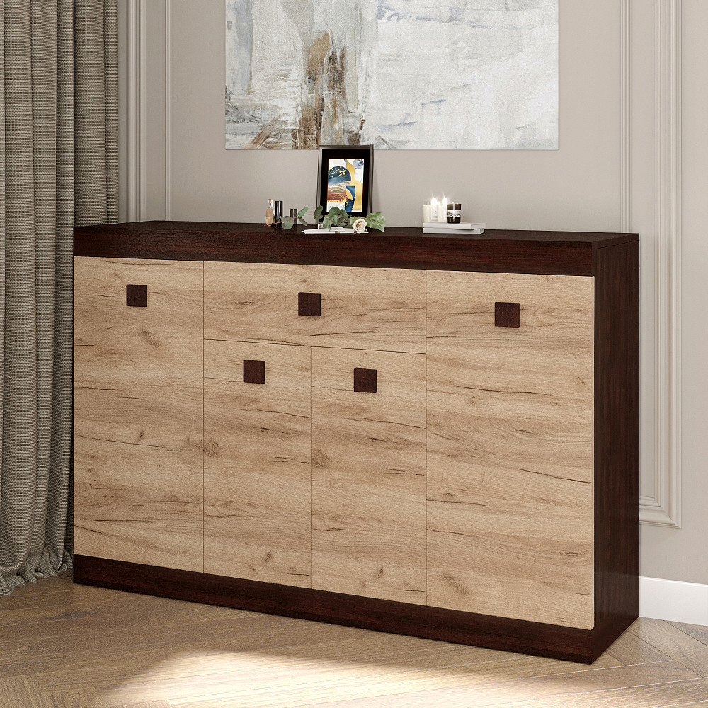 Большой комод Эверест с дверями и ящиком Соната-7 140х38х94 венге темный + дуб крафт золотой (DTM-2017) Днепр - изображение 1