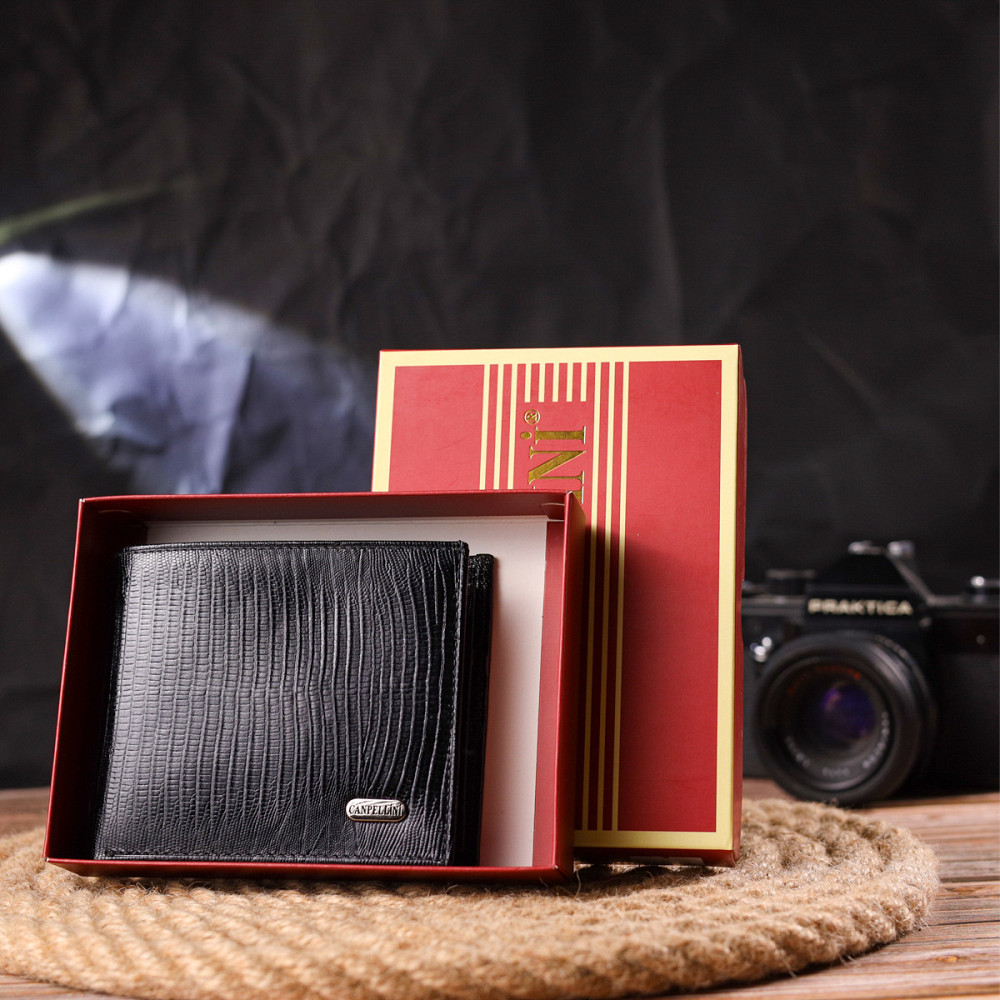 Елегантний гаманець для чоловіків у два складення з натуральної фактурної шкіри CANPELLINI 21587 Чорний Київ - фото 10