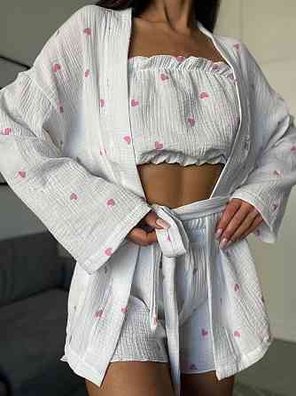Женский нежный домашний костюм тройка: халат топ и шорты с сердечками муслин 100% хлопок Одесса