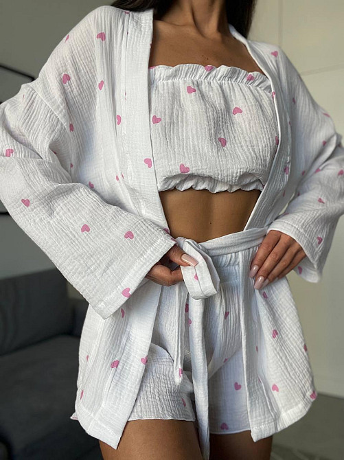 Женский нежный домашний костюм тройка: халат топ и шорты с сердечками муслин 100% хлопок Одесса - изображение 6