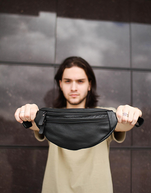 Чоловіча бананка, шкіряна сумка на пояс SL001 (Чорна) Суми - фото 2