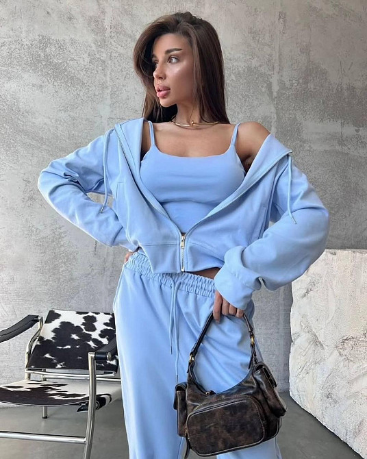 Жіночий прогулянковий костюм-трійка: кофта топ і штани двонитка Блакитний, 46/48 Одеса - фото 2