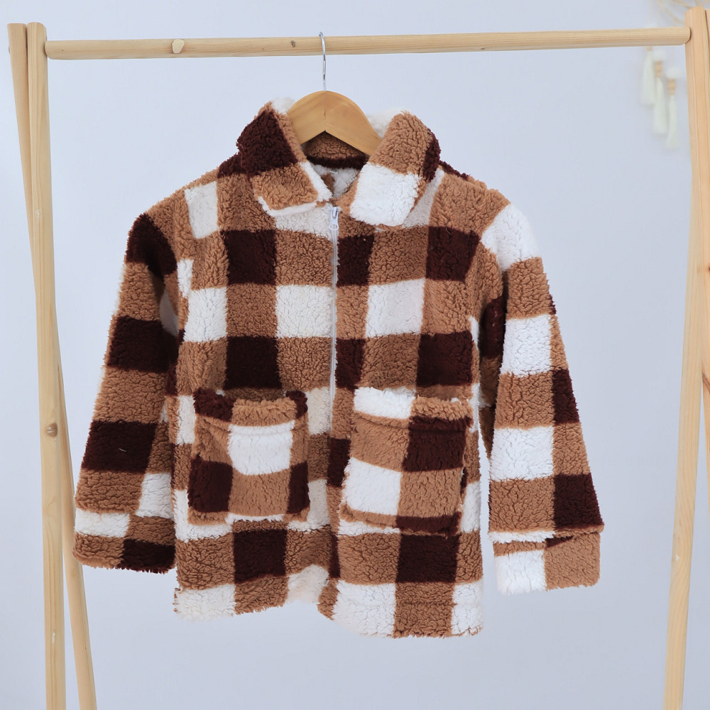 Дитяча тепла куртка тедді на змійці в бежеву клітинку Кам'янець-Подільський - фото 2