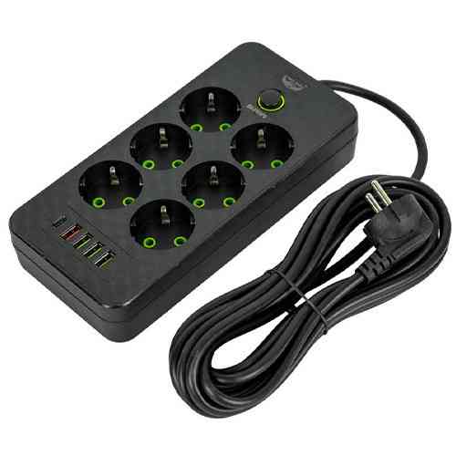 Сетевой фильтр удлинитель 5м 6 розеток + 5 USB QC PD 10А 2500Вт EU-2506PD защита Киев