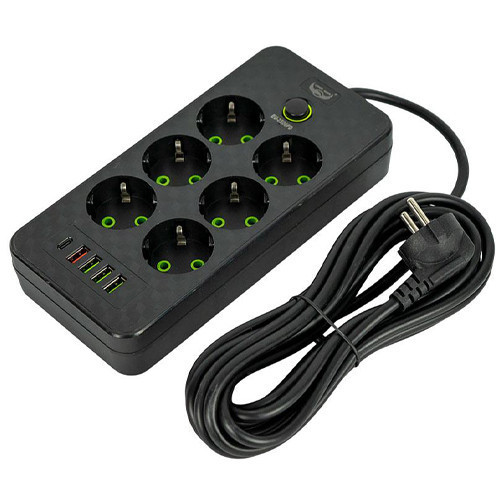 Сетевой фильтр удлинитель 5м 6 розеток + 5 USB QC PD 10А 2500Вт EU-2506PD защита Киев - изображение 2