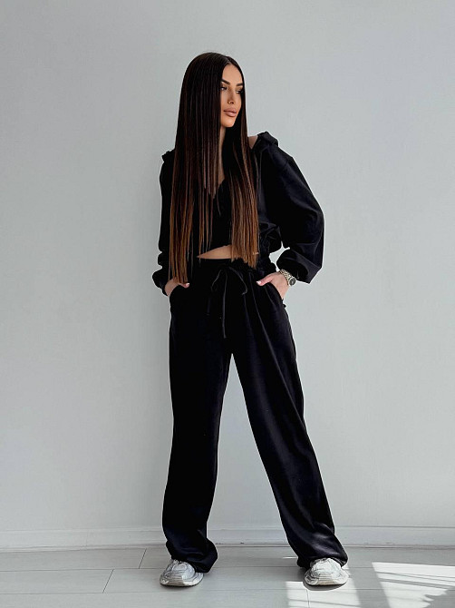 Женский стильный костюм двойка: кофта и штаны из плюш велюра Черный, 42/44 Одесса - изображение 3
