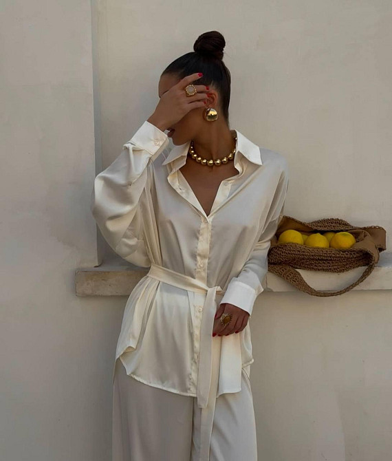 Жіночий легкий брючний костюм-двійка: сорочка та штани із шовку Молочний, 46/48 Одеса - фото 3