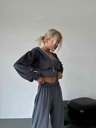 Жіночий стильний прогулянковий костюм-двійка: кофта та штани велюр-плюш Графіт, 42/46 Одеса