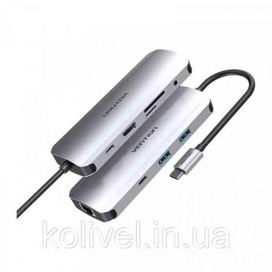 Док-станція USB3.1 Type-C --> HDMI/USB 3.0x2/RJ45/USB-C/SD/TF/TRRS 3.5mm/PD 100W Hub 9-in-1 Vention (TOMHB) Київ