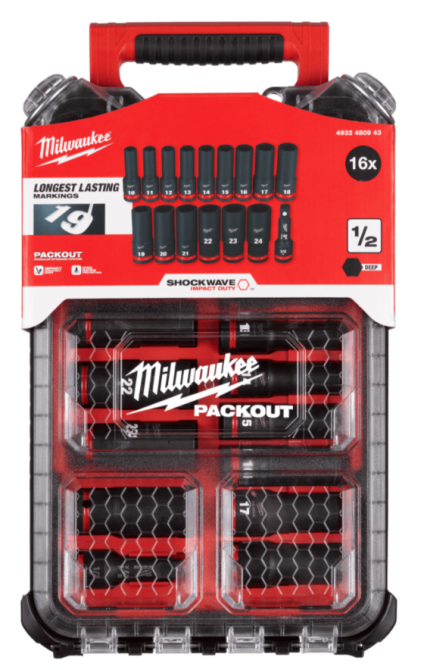 Набір головок ударних ShW 1/2" STD PACKOUT MILWAUKEE, подовжених, (10-24мм) (16шт) пластиковий органайзер Одеса - фото 1