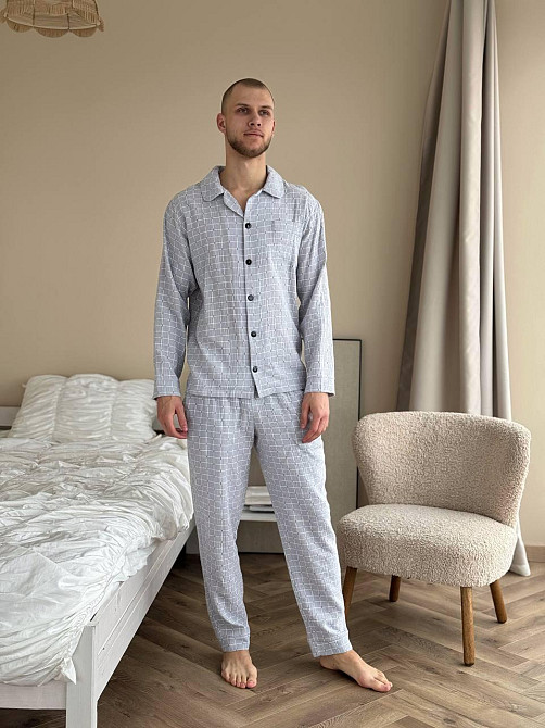 Мужской домашний костюм из муслиновой ткани на пуговицах Серый XS-S Харьков - изображение 1