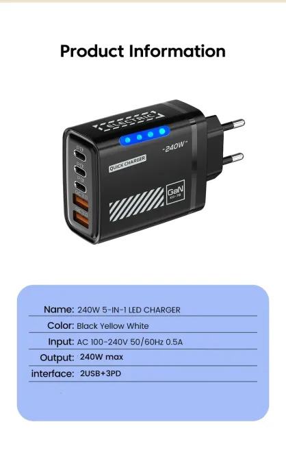 Зарядний пристрій 240W (2×USB + 3×Type-C, PD) Жовта Запоріжжя - фото 2