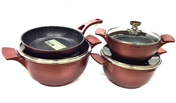 BN-345 (2)-Набір каструль 7 пр 2,5 л; 4,5 л; 6,5 л; сковорода 24 см Мармурове покриття червоне Одеса - фото 1