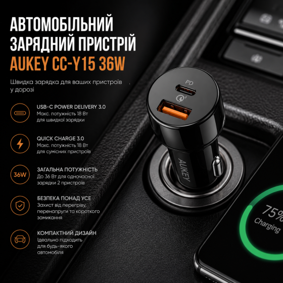 Автомобільний зарядний пристрій Aukey CC-Y15 36 Вт: Потужний адаптер USB-C Power Delivery 3.0 та Quick Charge 3.0 для авто Київ