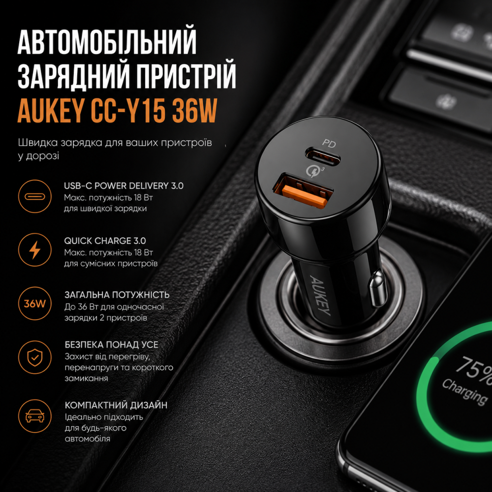 Автомобільний зарядний пристрій Aukey CC-Y15 36 Вт: Потужний адаптер USB-C Power Delivery 3.0 та Quick Charge 3.0 для авто Київ - фото 3