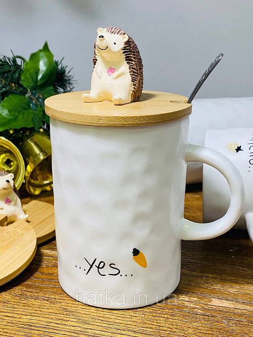 Кухоль чашка кераміка з кришкою і ложкою Olens "Їжачок" 400 мл білий з їжачком Київ - фото 1