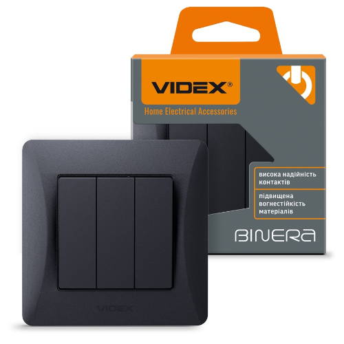 BINERA чорний графіт Вимикач внутрішній 3кл Videx Житомир - фото 1