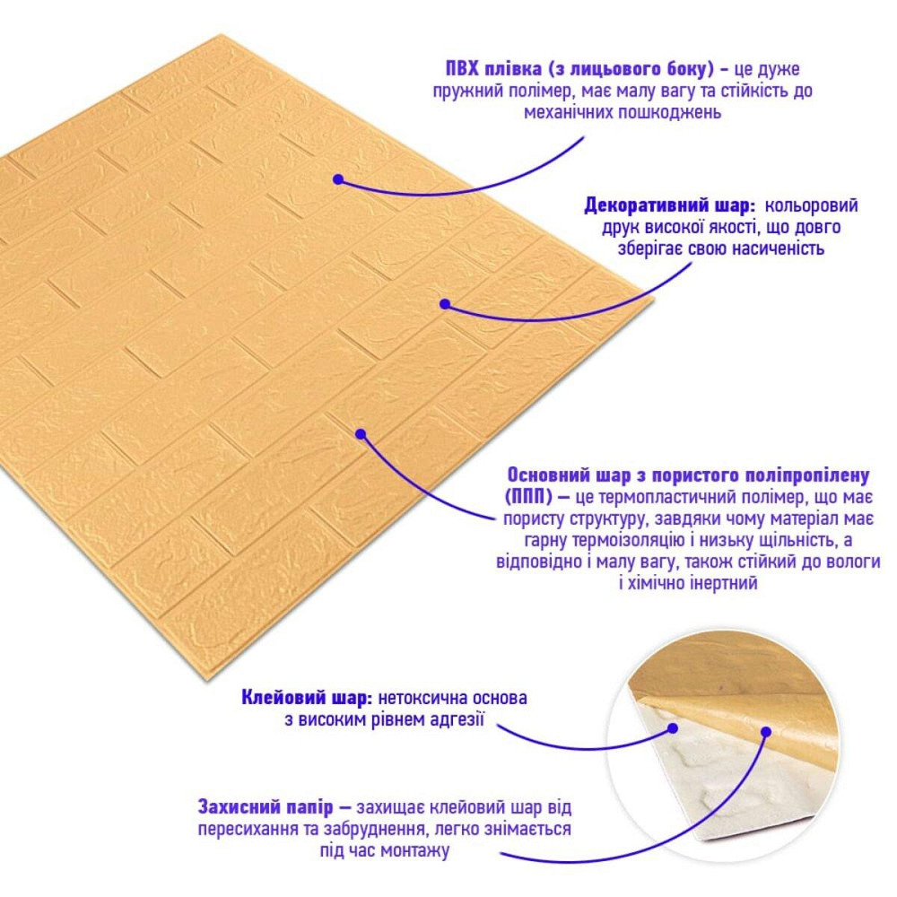 Самоклеюча 3D панель цегла жовто-пісочна Київ - фото 2
