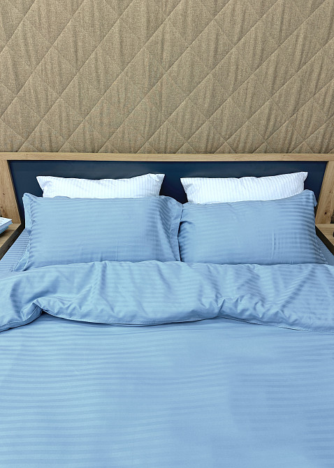Комплект постельного белья Страйп-сатин Двуспальный 180х220 с простыней на резинке Голубой (88-114) Киев - изображение 8