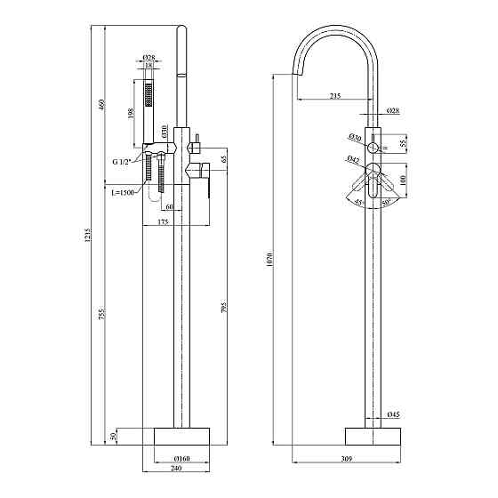 Змішувач для ванни підлоговий Kroner KRP Edelstahl Klassisch - SCH077 з душовим гарнітуром, чорний/матовий Київ