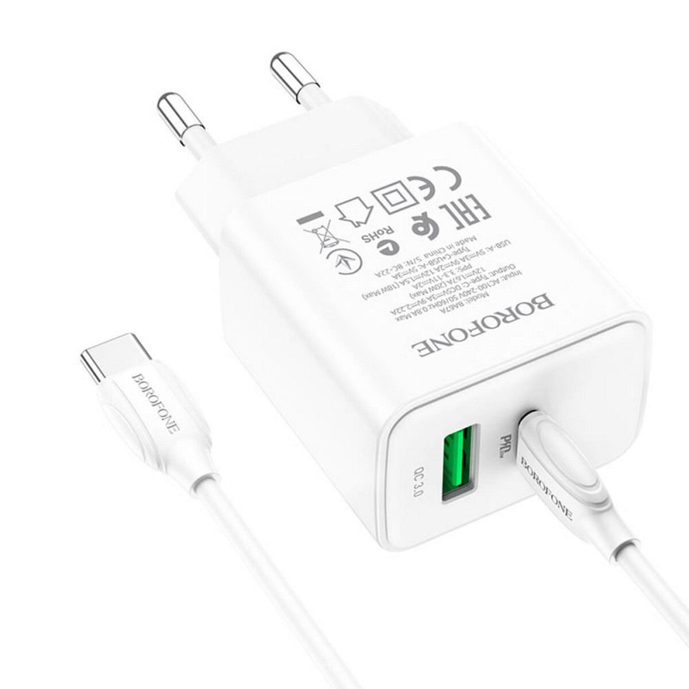 Мережевий зарядний пристрій BOROFONE BA67A PD20W+QC3.0 charger set(Type-C to Type-C) White Киев - изображение 2