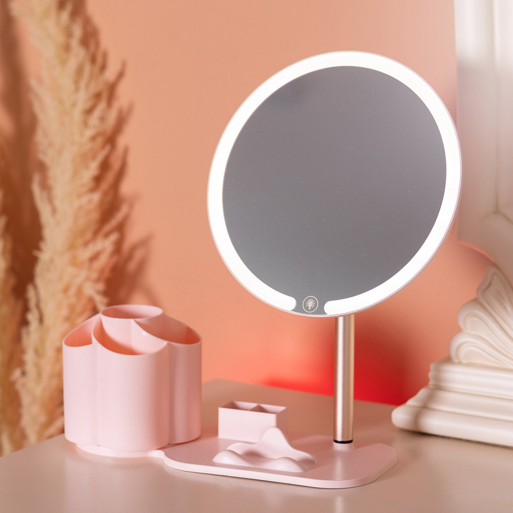 Дзеркало для макіяжу з підсвічуванням кругле настільне Ø21 см з підставкою Рожеве HP-10-9AP Коломия - фото 9