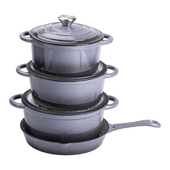 Набір чавунного посуду для приготування 3 каструлі та сковорода з емальованим покриттям Сірий HP-1-5 Київ