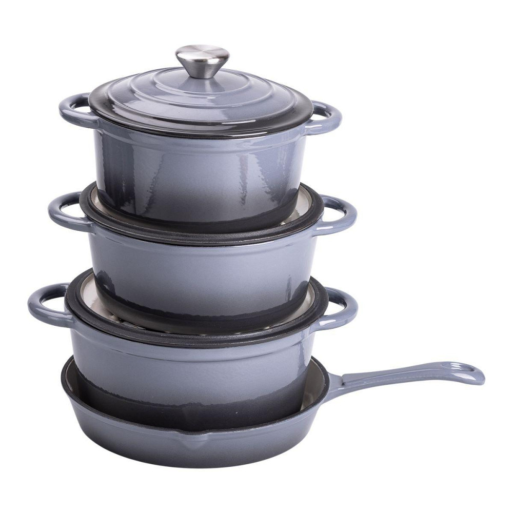 Набір чавунного посуду для приготування 3 каструлі та сковорода з емальованим покриттям Сірий HP-1-5 Київ - фото 3